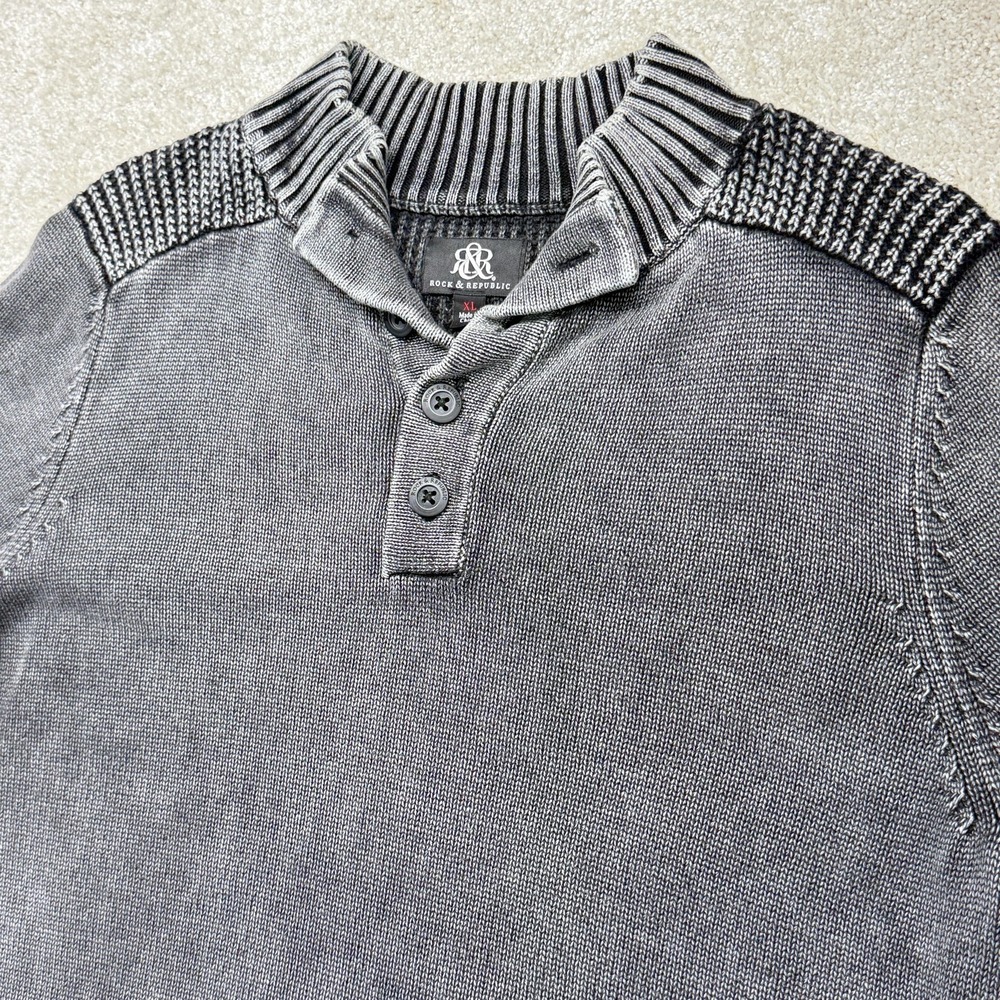 Rock & Republic Sweater Mens XL Gray Henley Mock Neck‎ Cotton Waffle Knit